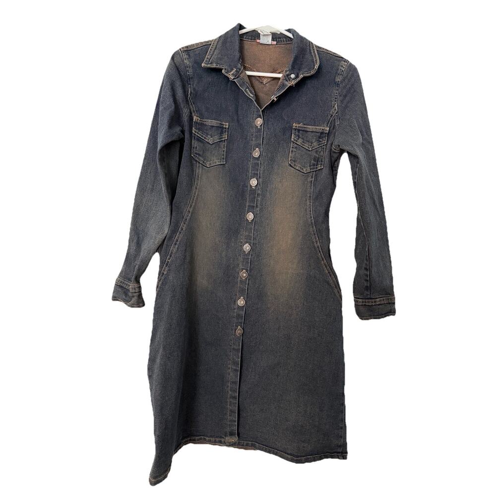 Y2K DMBM Button Up Denim Dress Long Sleeve Western W Large USA 90'S Style READ